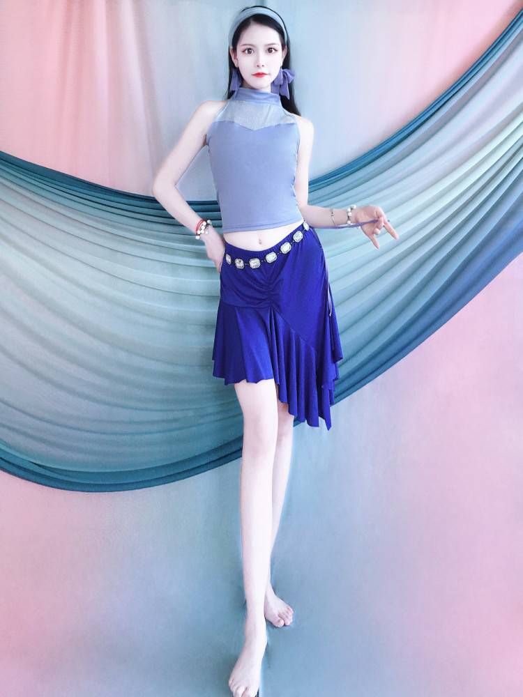 New belly dance practice clothing blue sleeveless top ruffled ruffled irregular short skirt dance exercise performance