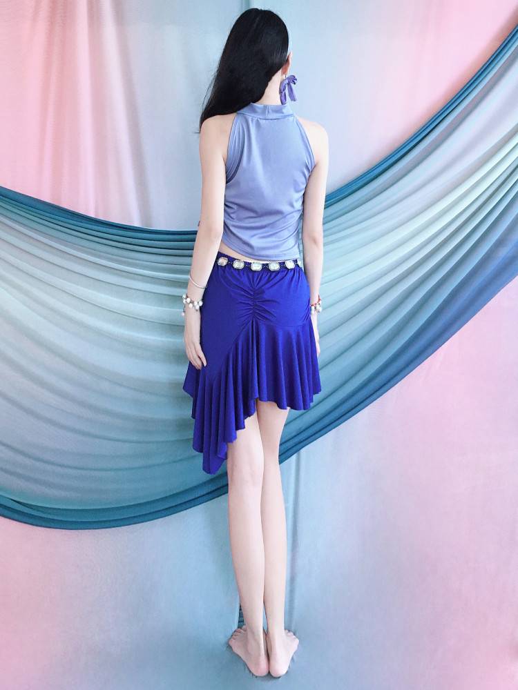 New belly dance practice clothing blue sleeveless top ruffled ruffled irregular short skirt dance exercise performance