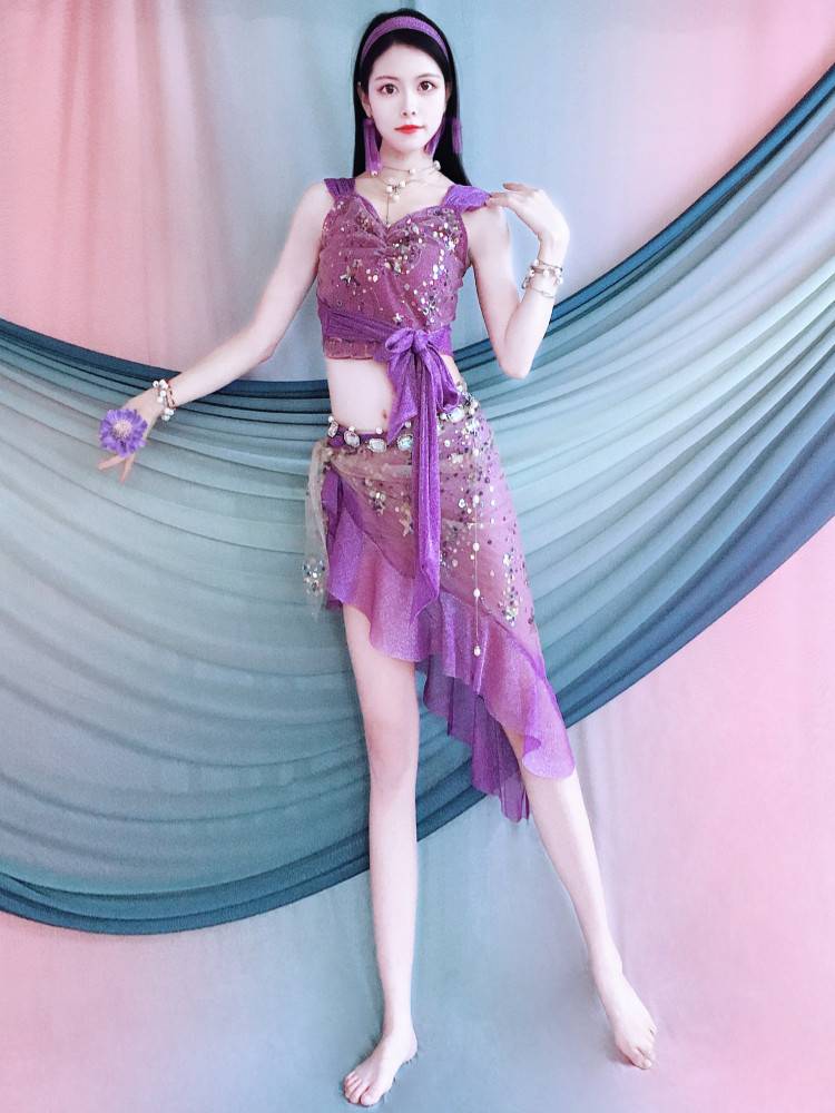 Belly Dance Clothing 2024 new practice clothes Dark purple ruffled edge set beginners Children's performance service group clothes