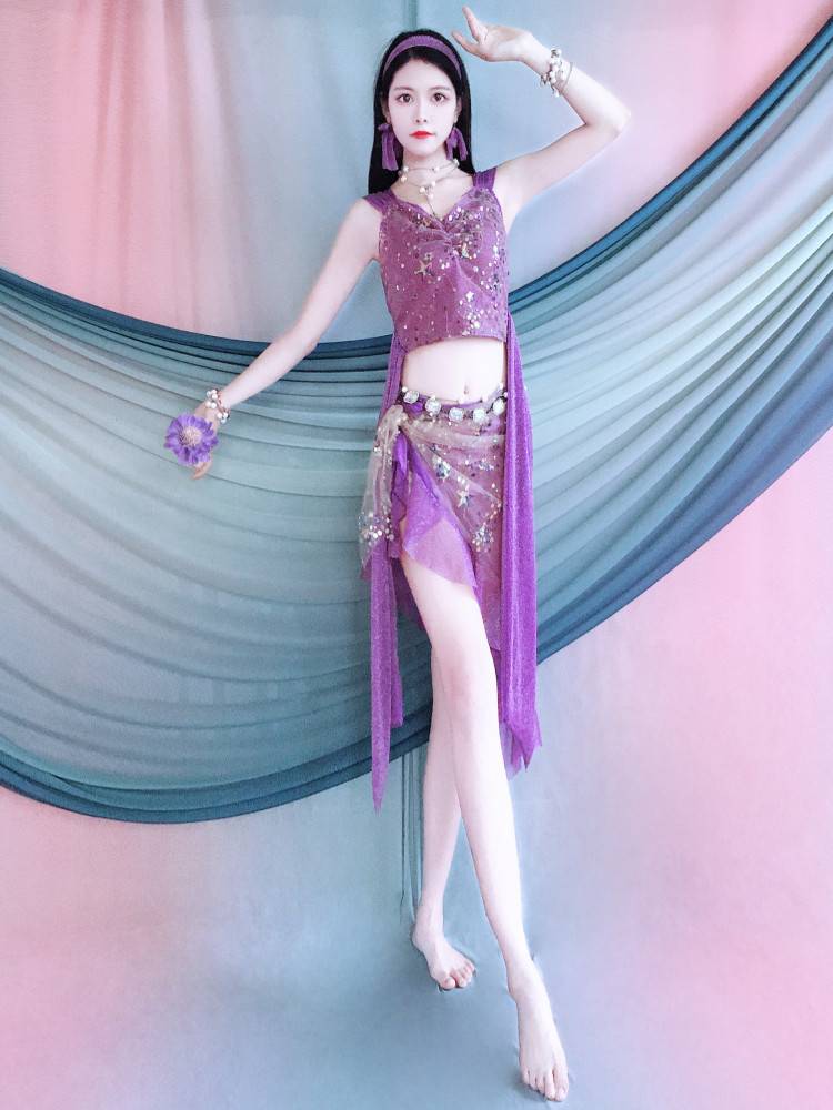 Belly Dance Clothing 2024 new practice clothes Dark purple ruffled edge set beginners Children's performance service group clothes