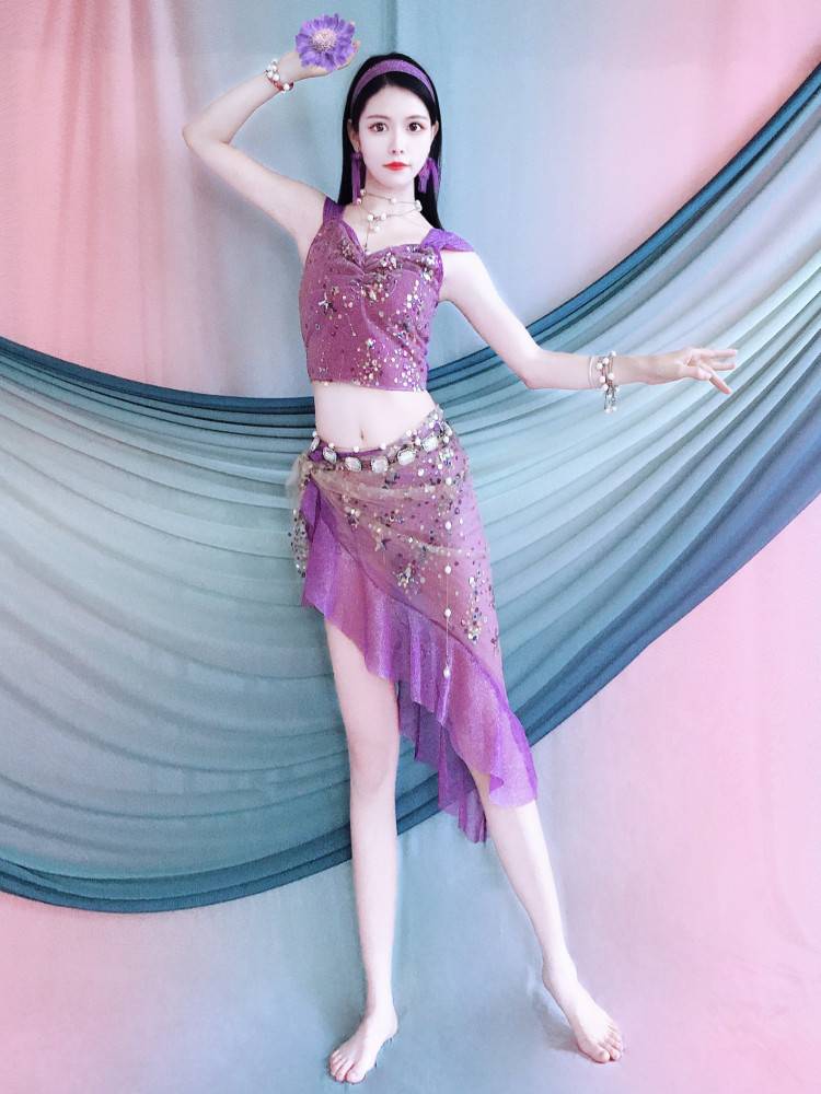 Belly Dance Clothing 2024 new practice clothes Dark purple ruffled edge set beginners Children's performance service group clothes