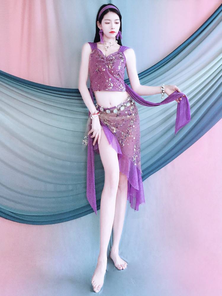 Belly Dance Clothing 2024 new practice clothes Dark purple ruffled edge set beginners Children's performance service group clothes