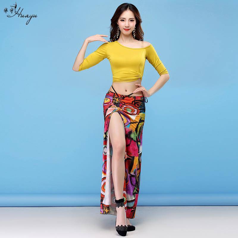 Belly dance exercise, Modal sexy printed long skirt Oriental dance net yarn set beginner adult girl