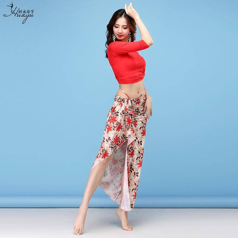 Belly dance exercise, Modal sexy printed long skirt Oriental dance net yarn set beginner adult girl