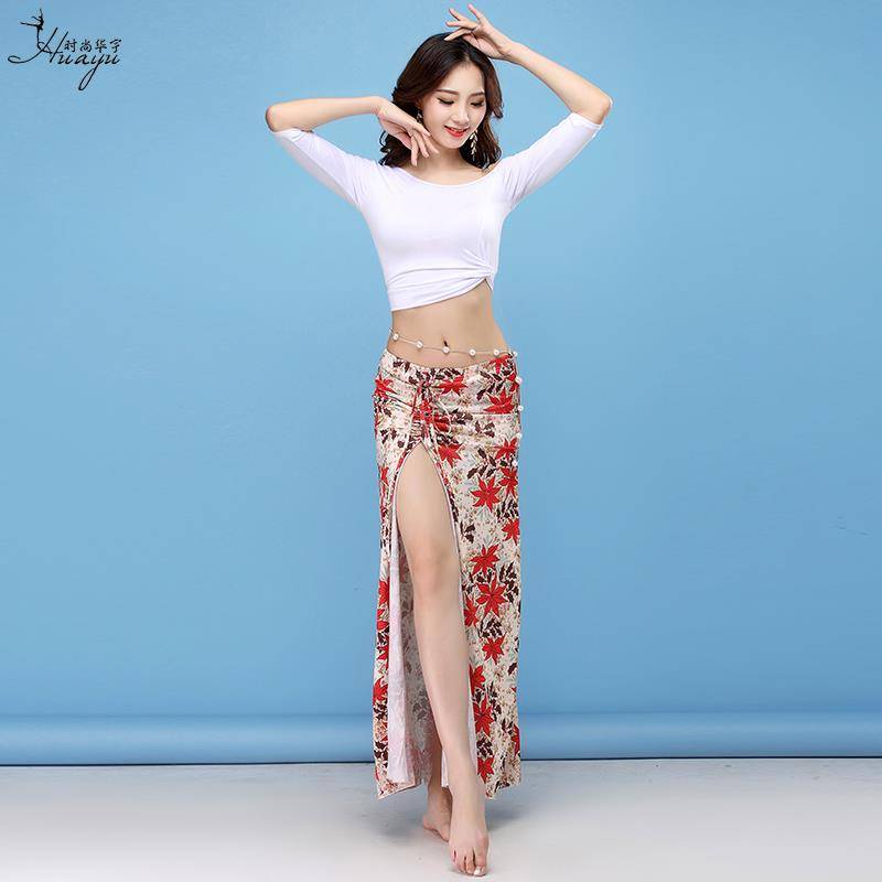 Belly dance exercise, Modal sexy printed long skirt Oriental dance net yarn set beginner adult girl