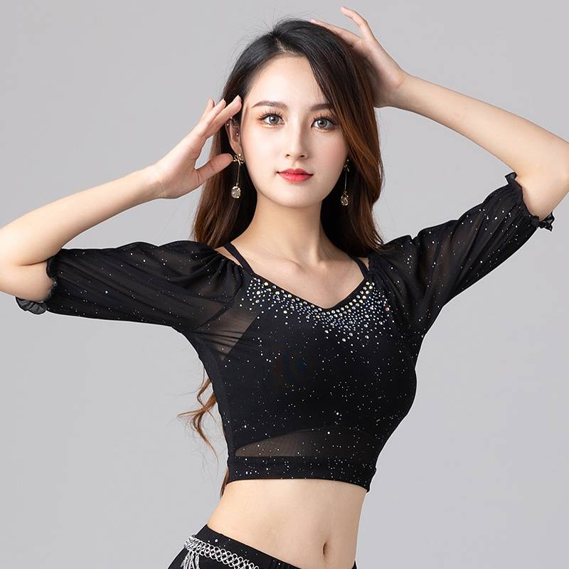 Belly dance net gauze short -sleeved top 2024 new spring and summer dance on the junior scholar practitioner