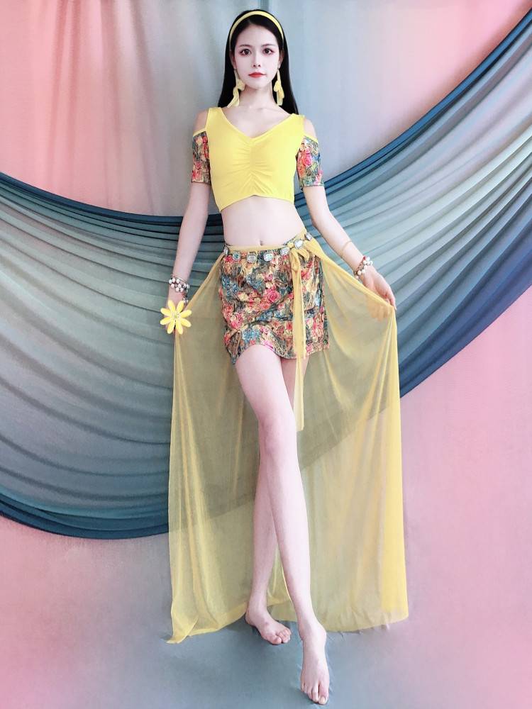 New belly dance practice clothing Oriental dance off -shoulder shiny hot bleeding skirt performance clothing set performance service children