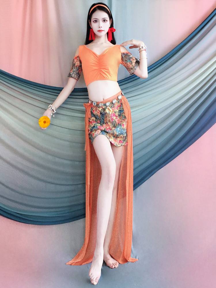 New belly dance practice clothing Oriental dance off -shoulder shiny hot bleeding skirt performance clothing set performance service children