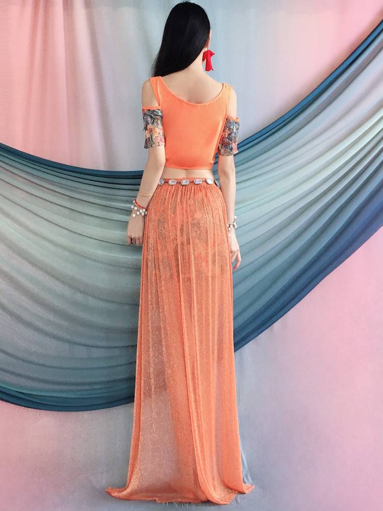 New belly dance practice clothing Oriental dance off -shoulder shiny hot bleeding skirt performance clothing set performance service children