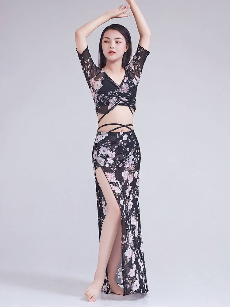 Large -size belly dance practice suit set beginner sexy print skirt Oriental dance dance dance live performance service