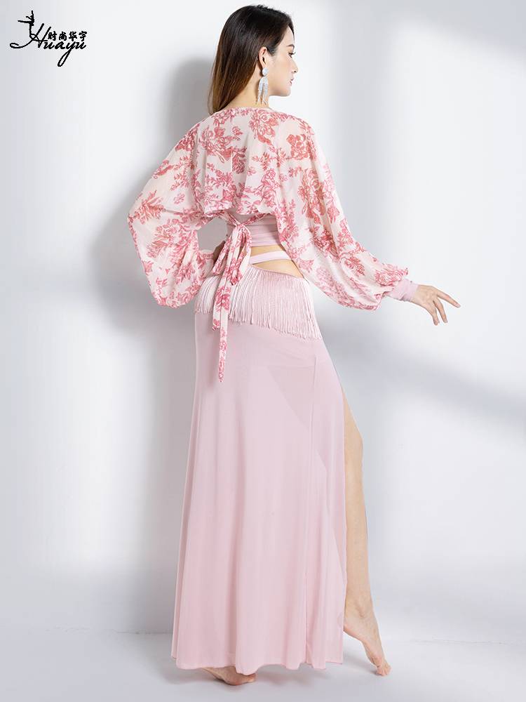 Belly dance practice clothing net yarn sexy new printing show thin current Su long skirt set Oriental dance service girl