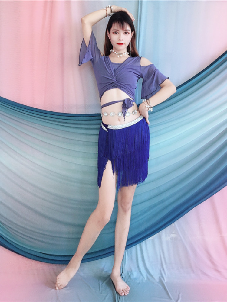 2024 new belly dance exercises, clothing female beginners off -the -shoulder shirt, streamline hip scarf set Oriental dance clothing