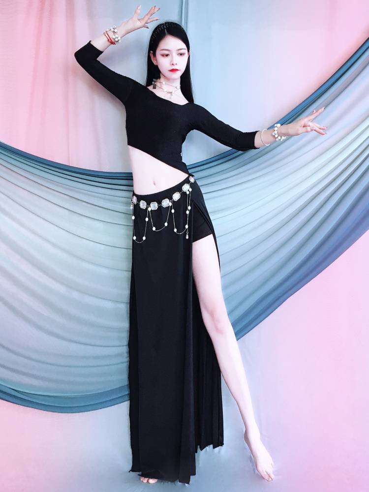 Belly dance practice clothes spring and summer new black irregular long skirt set Oriental dance slim performance clothing children