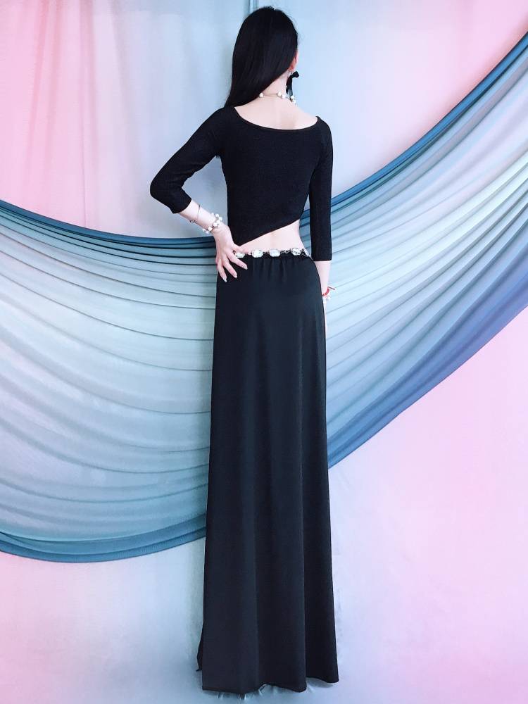 Belly dance practice clothes spring and summer new black irregular long skirt set Oriental dance slim performance clothing children