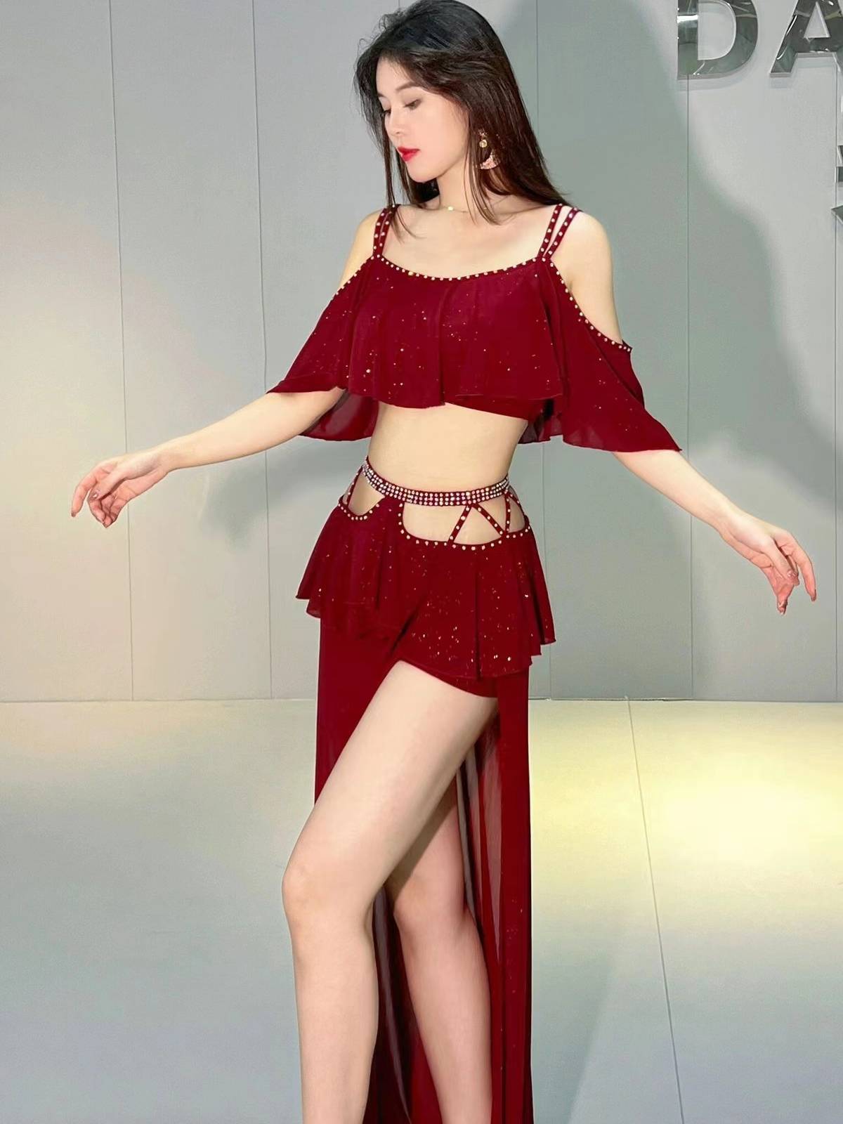 Original niche design belly dance clothing Oriental dance in autumn and winter hot drilling net gauze practice Xi clothing suits