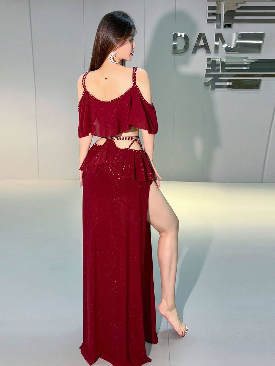 Original niche design belly dance clothing Oriental dance in autumn and winter hot drilling net gauze practice Xi clothing suits
