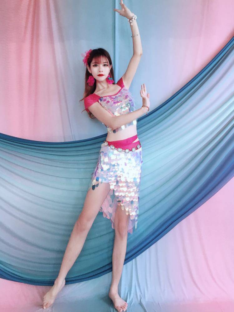 Baiya Qianhui Belly Dance Performance Services 2024 New Spring New Heavy Works Sequin Mermaid Short Set Practice Service