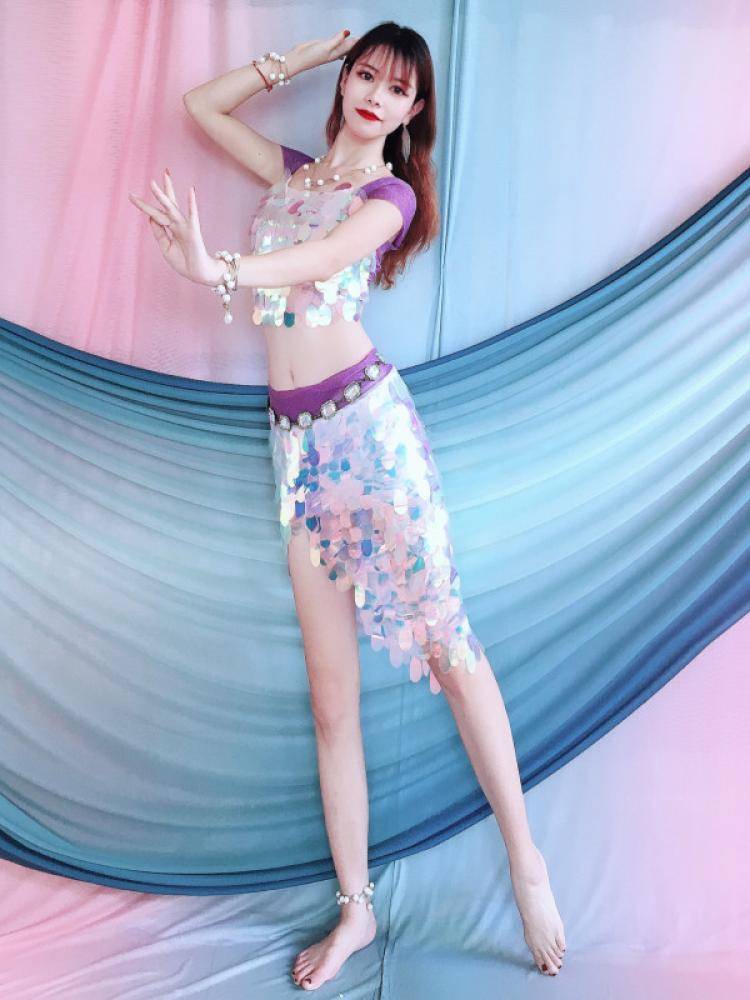 Baiya Qianhui Belly Dance Performance Services 2024 New Spring New Heavy Works Sequin Mermaid Short Set Practice Service
