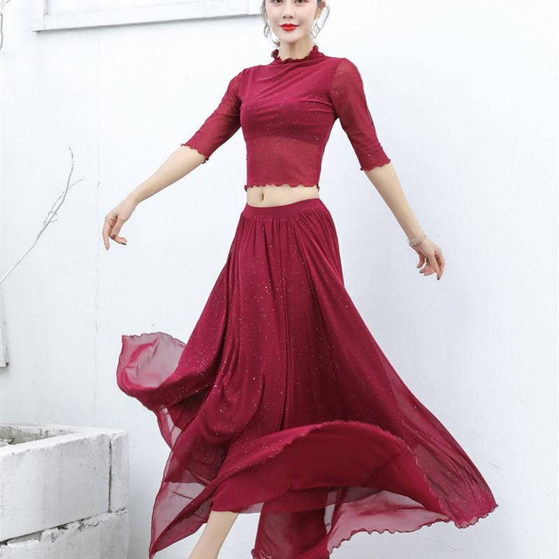 The new modern dance big skirt performed the belly dance long skirt, the web velical elegant beginner dance practice service