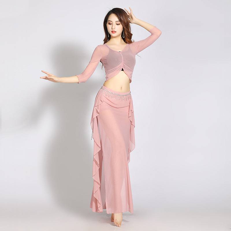 Large -size belly dance training suit suit long skirt practice service Oriental dance performance sexy fairy nets three -piece suit