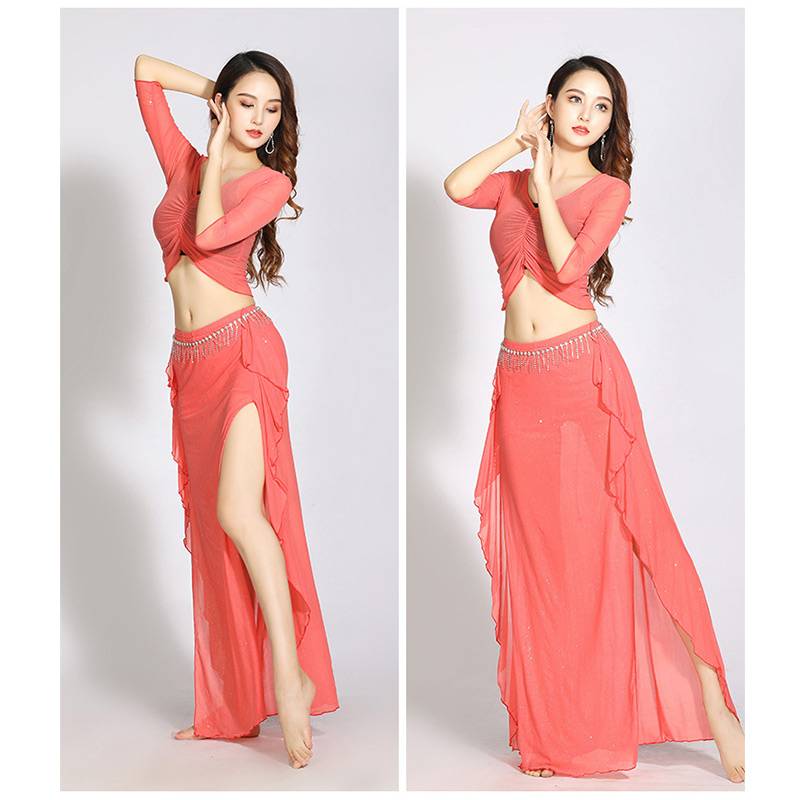 Large -size belly dance training suit suit long skirt practice service Oriental dance performance sexy fairy nets three -piece suit