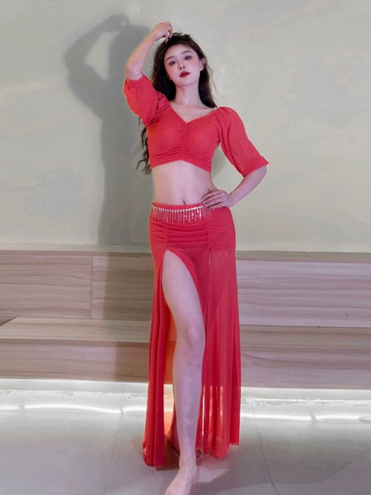 Belly dance clothing 2024 practice service large size high -end oriental flash silver net split long skirt set performance service female