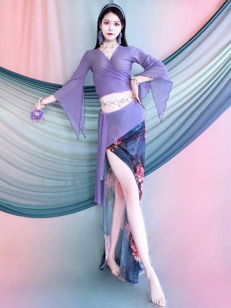 Belly Dance Clothing 2024 Summer Summer Oriental Dance Practice Costume Purple Blue Printing Dance Dance Set
