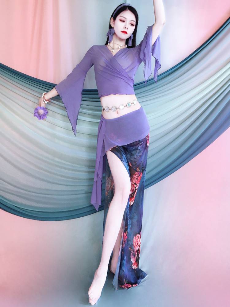 Belly Dance Clothing 2024 Summer Summer Oriental Dance Practice Costume Purple Blue Printing Dance Dance Set