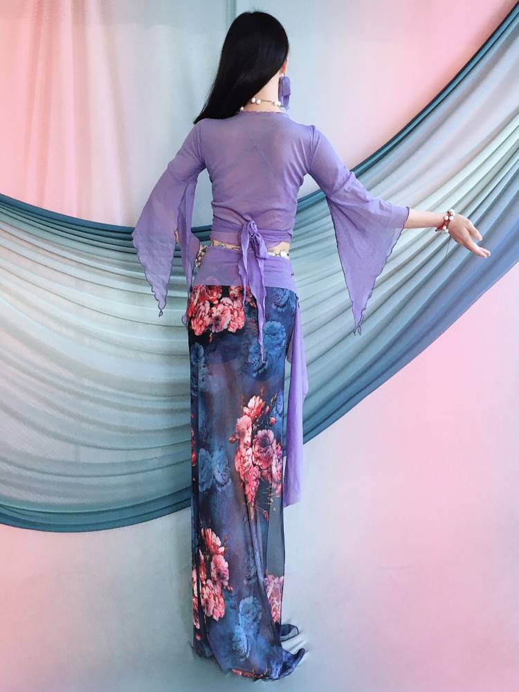 Belly Dance Clothing 2024 Summer Summer Oriental Dance Practice Costume Purple Blue Printing Dance Dance Set