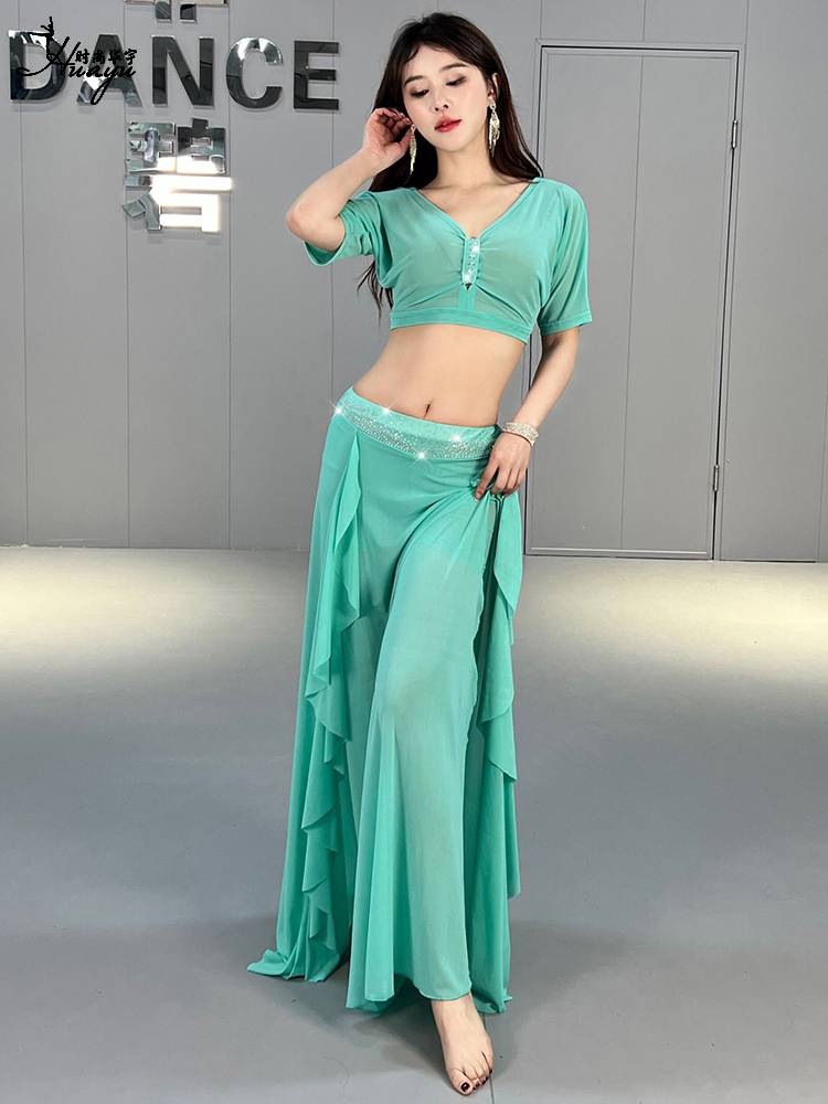 Belly dance exercise new hot drill drilling long skirt high -end performance show shows thin set Oriental dance service
