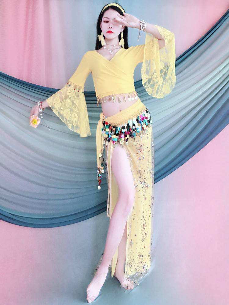 New belly dance performance clothing lace stitching horn sleeve temperament bead embroidery hip -hip scarf suit training service class
