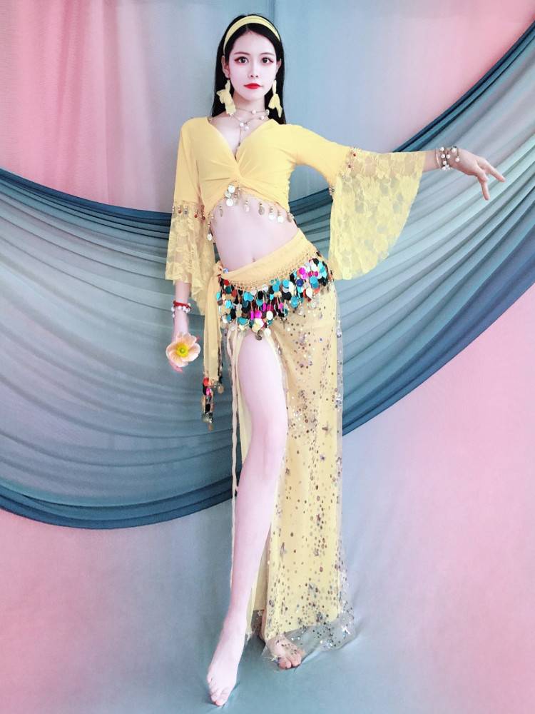 New belly dance performance clothing lace stitching horn sleeve temperament bead embroidery hip -hip scarf suit training service class