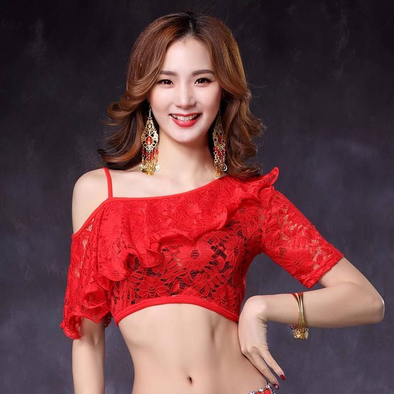 Dancedie Belly Dance lace top Women's sexy dance beginner Indian exercises, short -sleeved hollow summer dress
