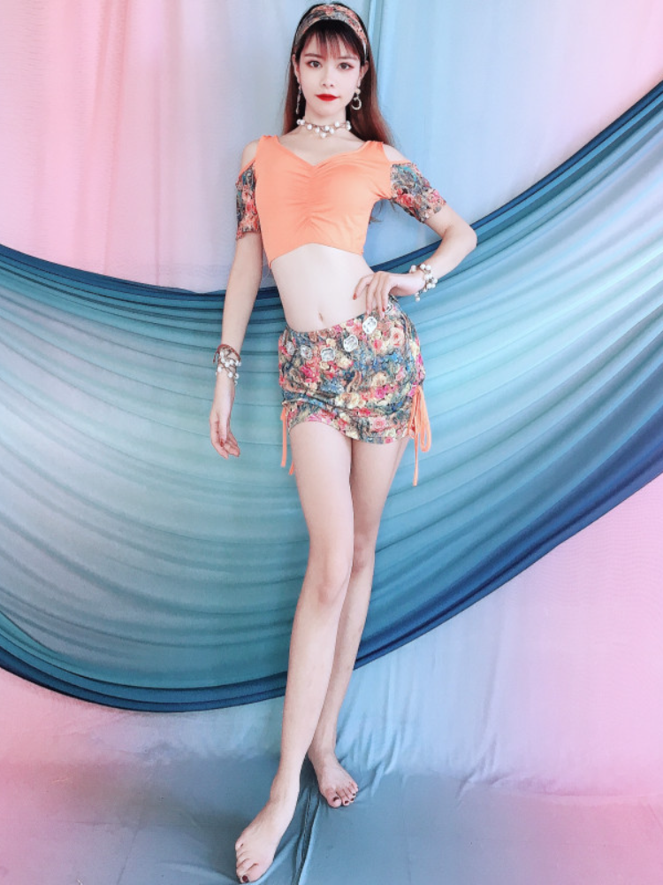 Baiya Qianhui Belly Dance Practice Service 2024 Spring New Modeling Multi -printed mesh belly dance short skirt suits