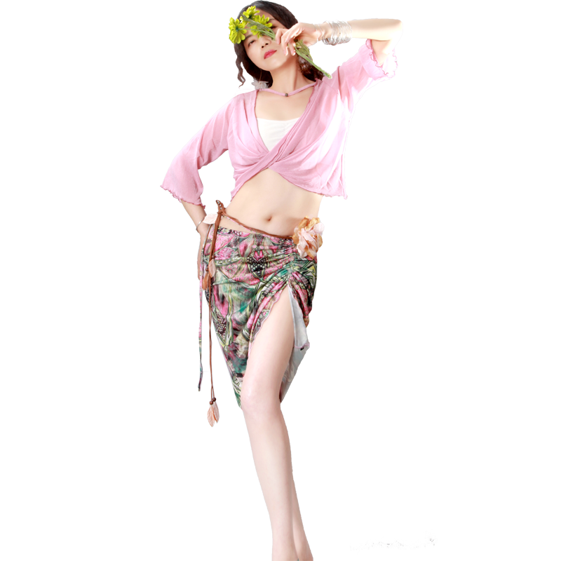 Belly dance exercise suit 2024 summer loose net gauze top ice silk floral skirt practice service group service