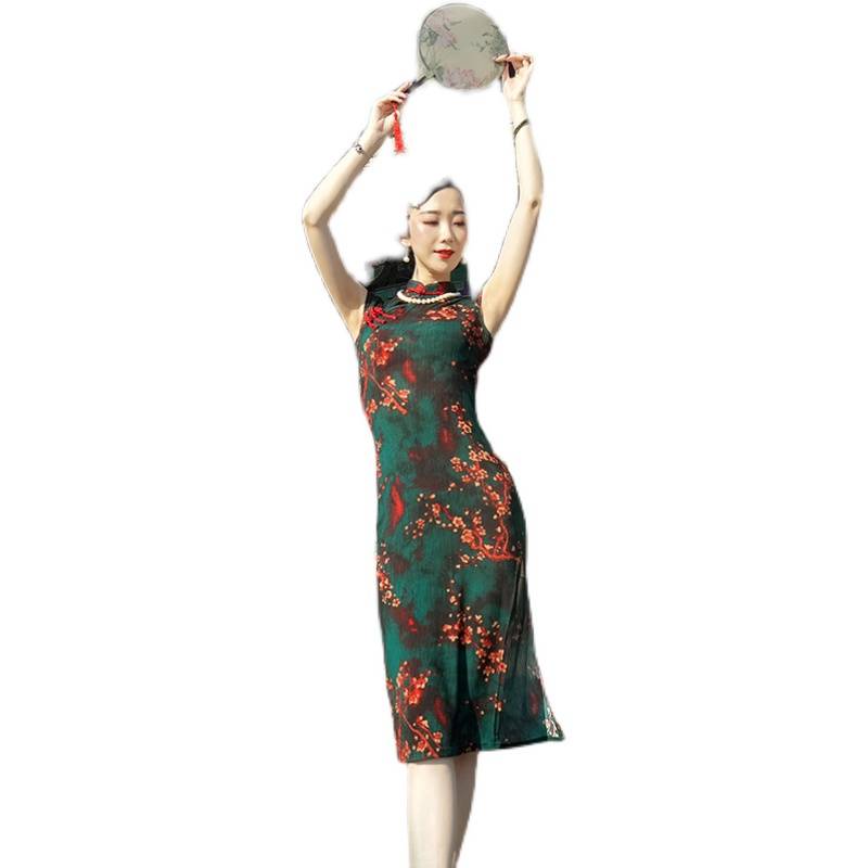 Belly dance cheongsam practice service 2023 Summer new elastic green red printed W high -end split performance