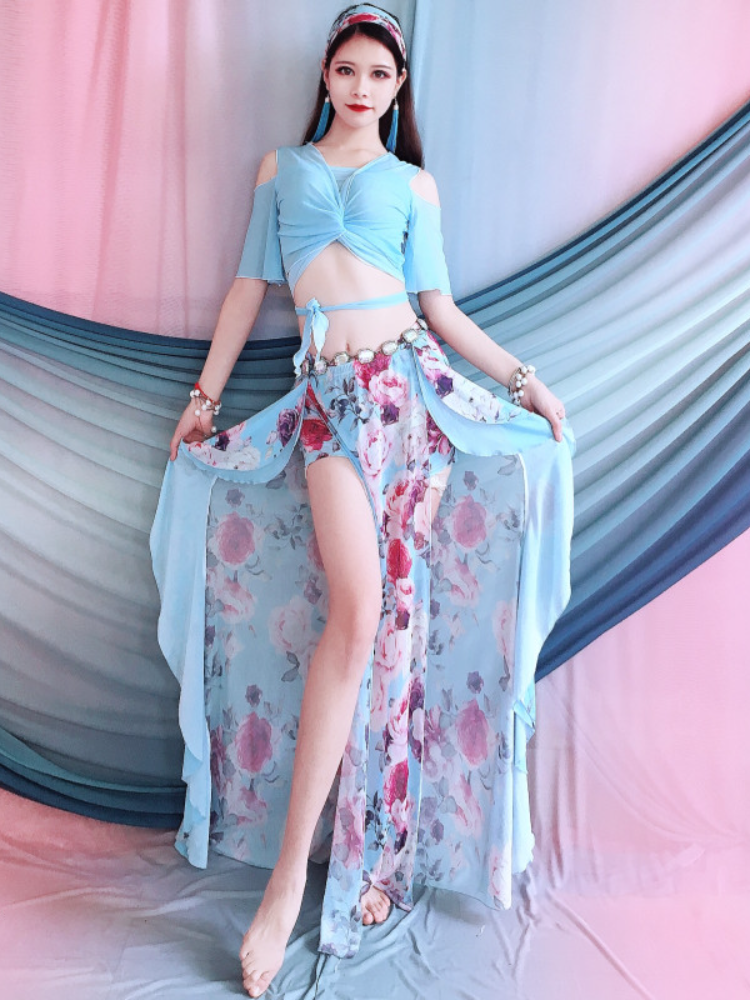 Belly Dance 2024 new off -the -shoulder horn sleeve top printing net gauze color skirt set Oriental dance exercise uniform