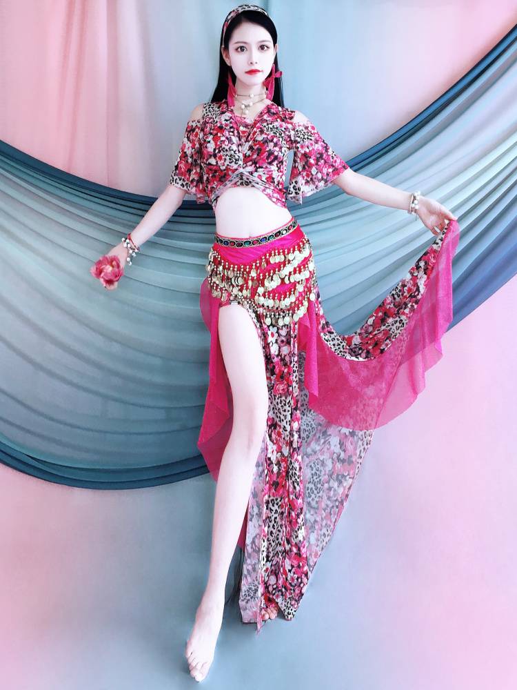 Belly Dance 2024 new off -the -shoulder horn sleeve top printing net gauze color skirt set Oriental dance exercise uniform