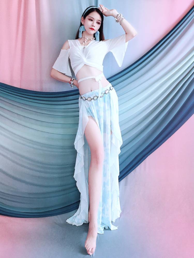 Belly Dance 2024 new off -the -shoulder horn sleeve top printing net gauze color skirt set Oriental dance exercise uniform