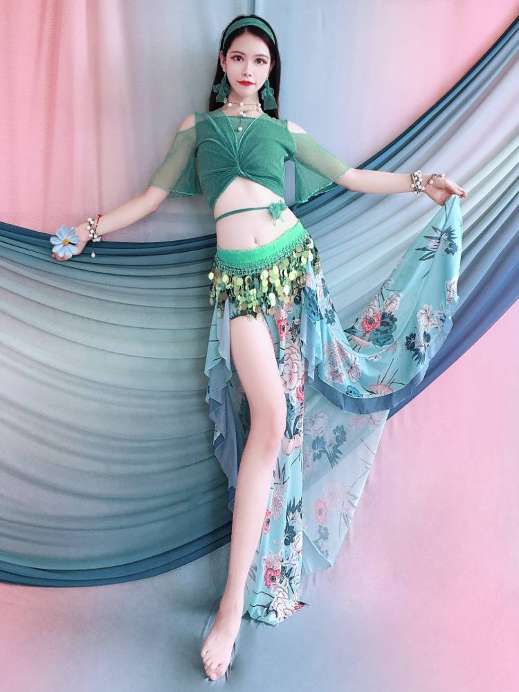 Belly Dance 2024 new off -the -shoulder horn sleeve top printing net gauze color skirt set Oriental dance exercise uniform