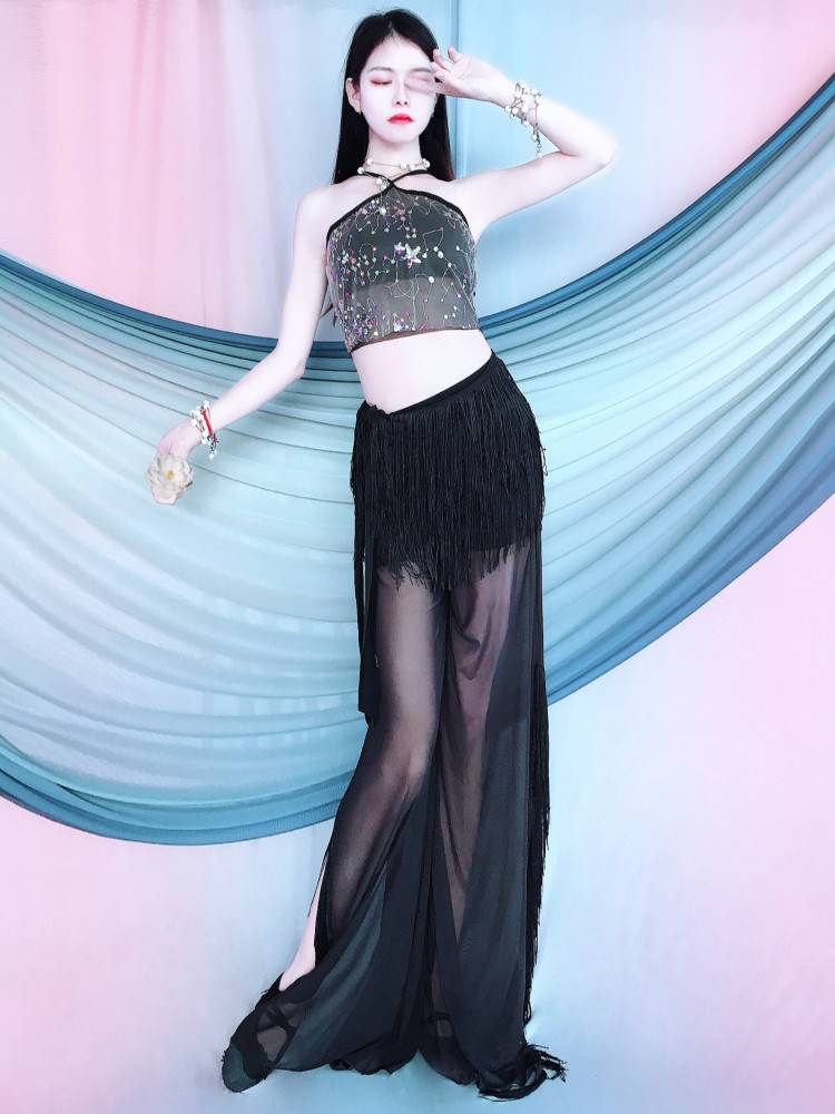 Belly dance new practice service beginner sequins camisling oriental dance performance jumpsuit trousers, streamline hip towel set