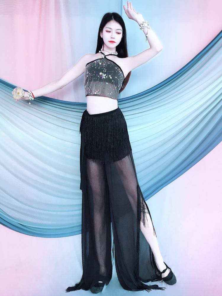 Belly dance new practice service beginner sequins camisling oriental dance performance jumpsuit trousers, streamline hip towel set