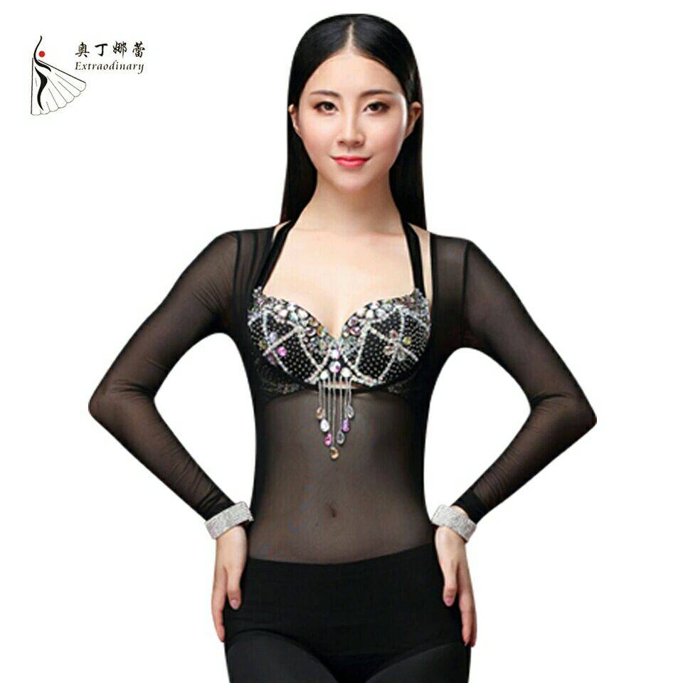 Odinnale's belly dance connecting body top with mesh clothing female adult slimming and thin top