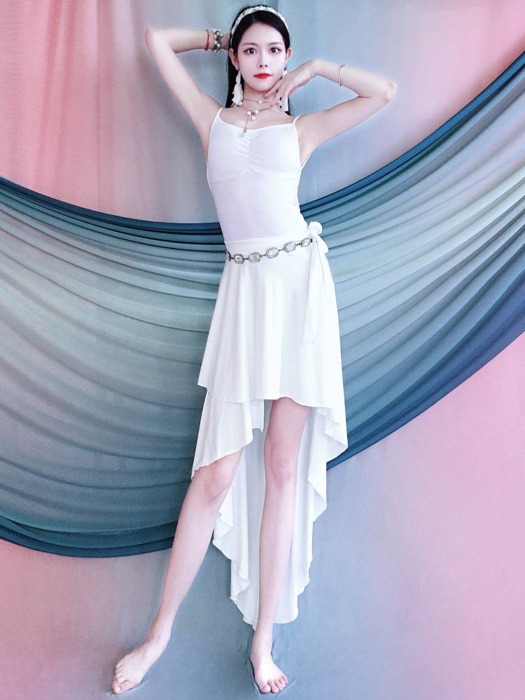 Belly dance set Modal white off -back dance skirt under a wrap skirt shows thin summer children's performance suit