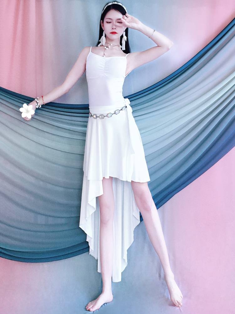 Belly dance set Modal white off -back dance skirt under a wrap skirt shows thin summer children's performance suit
