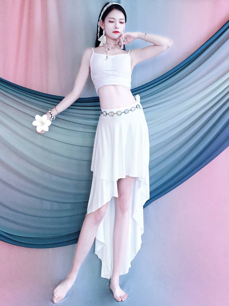 Belly dance set Modal white off -back dance skirt under a wrap skirt shows thin summer children's performance suit
