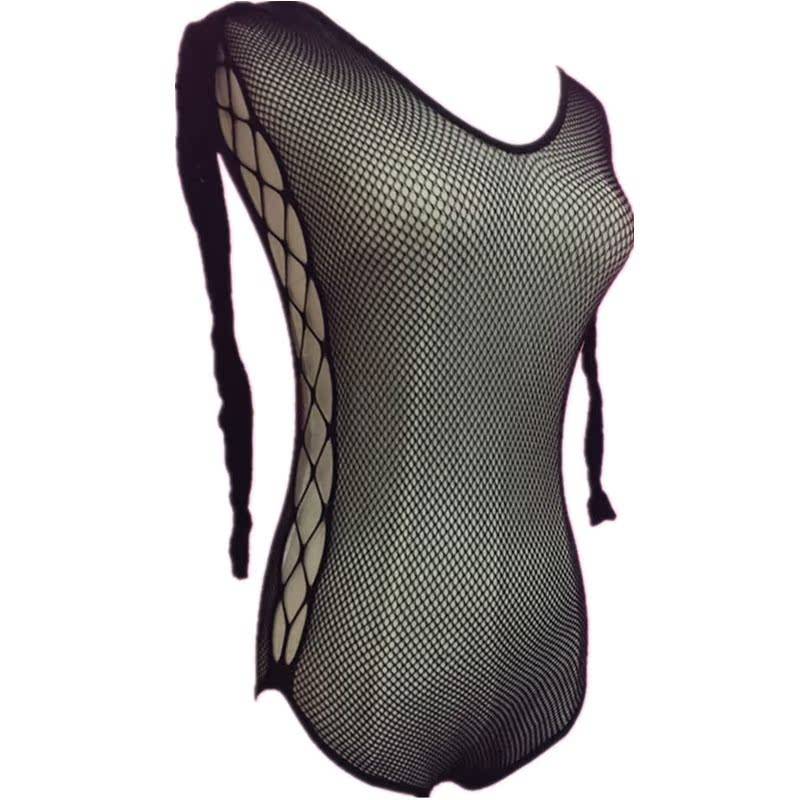 Huaman dance new belly dance high elastic perspective lace grid long -sleeved conjoined coat connecting crotch top