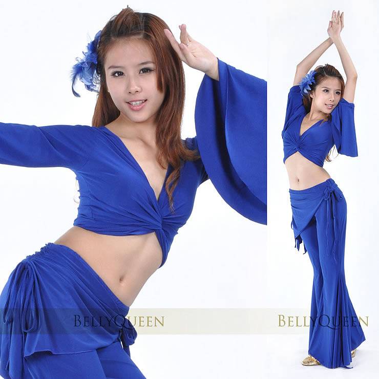 Belly dance suit clothing exercise performance suit set crystal cotton (big horn sleeve+waist skirt blocked trousers)