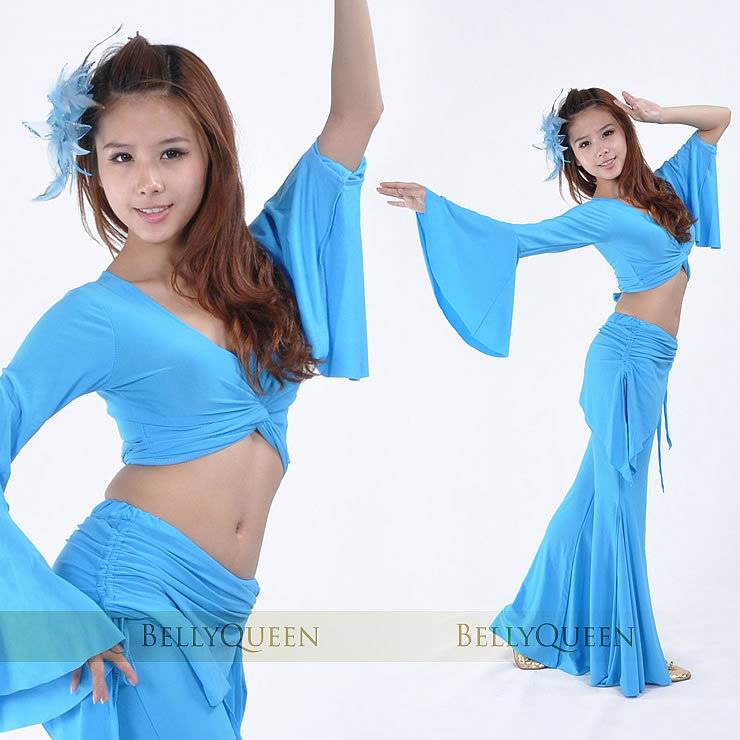 Belly dance suit clothing exercise performance suit set crystal cotton (big horn sleeve+waist skirt blocked trousers)