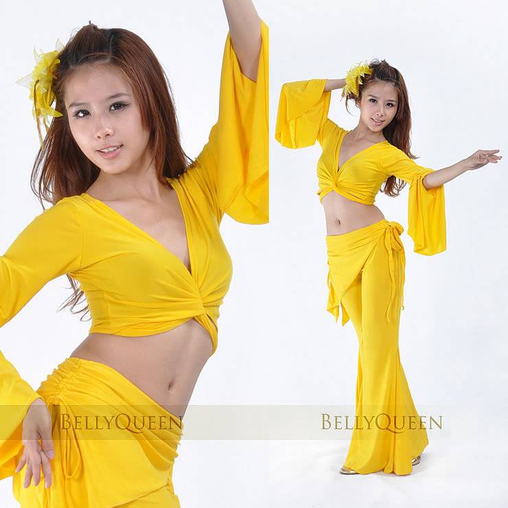 Belly dance suit clothing exercise performance suit set crystal cotton (big horn sleeve+waist skirt blocked trousers)